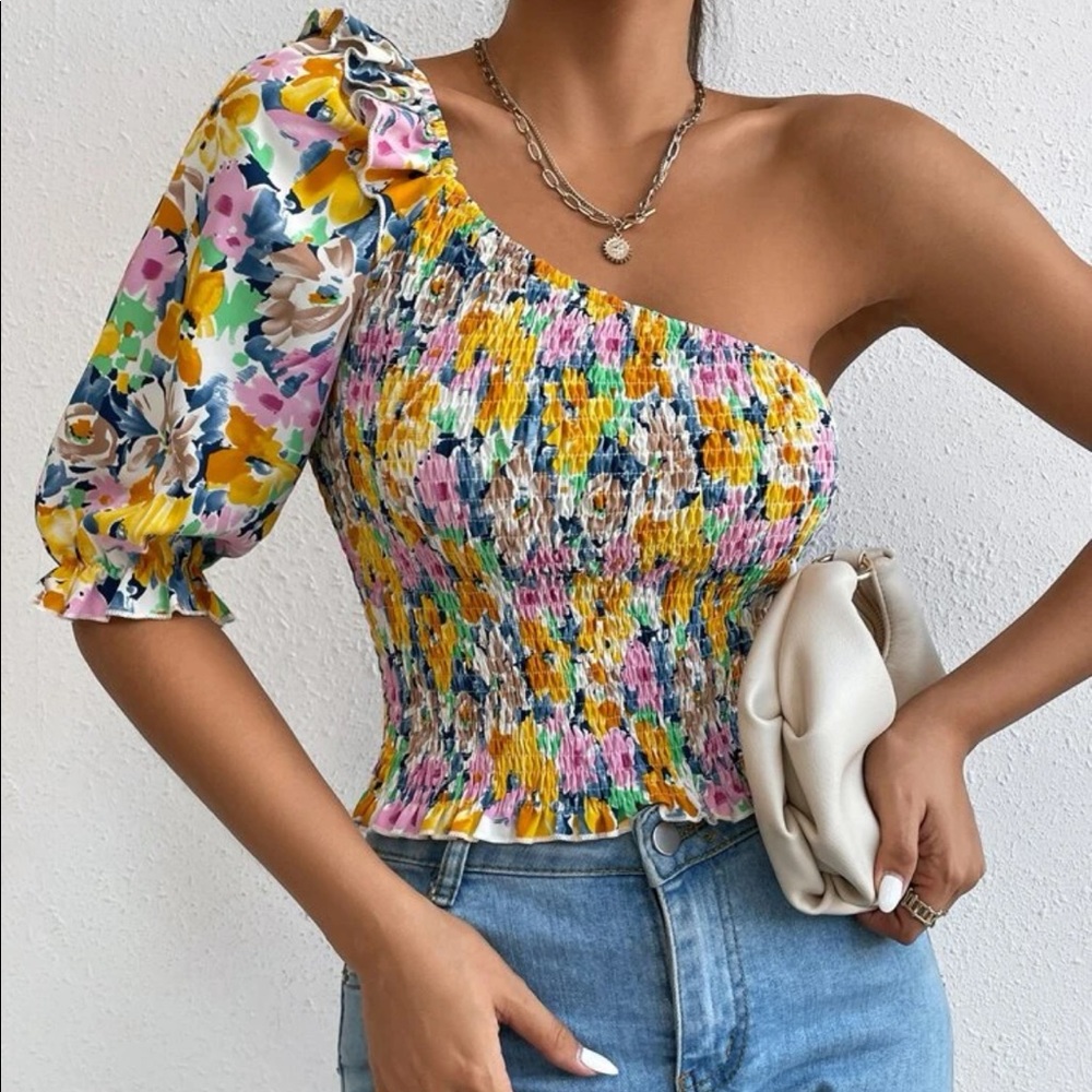 Boho floral print one shoulder shirred blouse